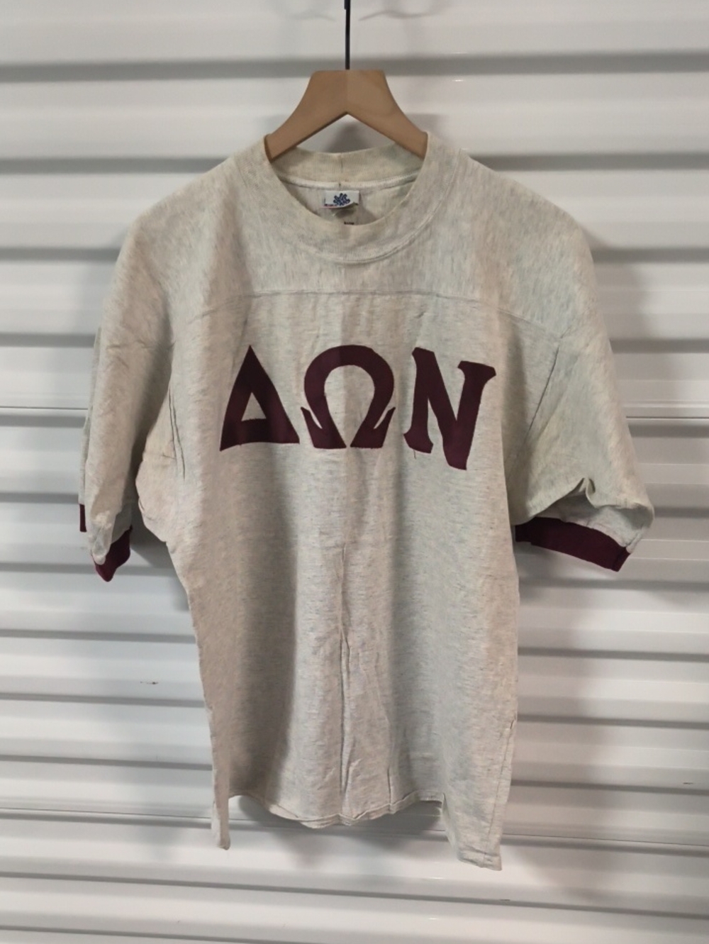 Vtg Frat Sorority Delta Omega Nu Foghorn Sewn Ringer Crewneck Sleeve T-Shirt L